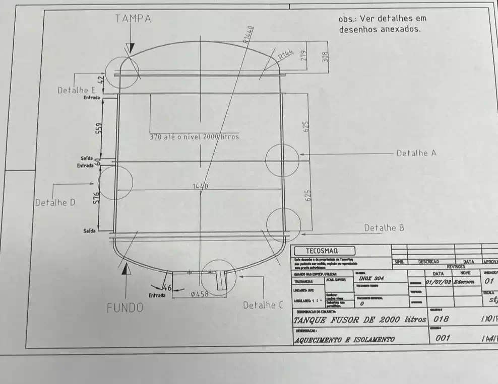 Desenho técnico de tanque fusor de 2.000 litros