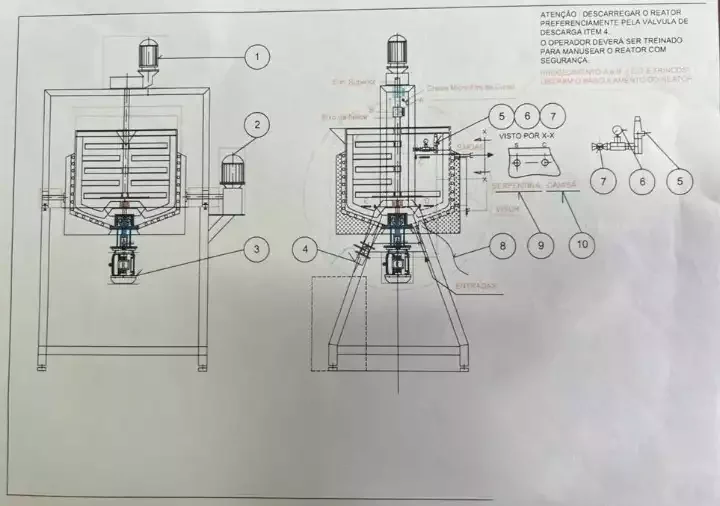 Desenho técnico de reator com sistema de agitação